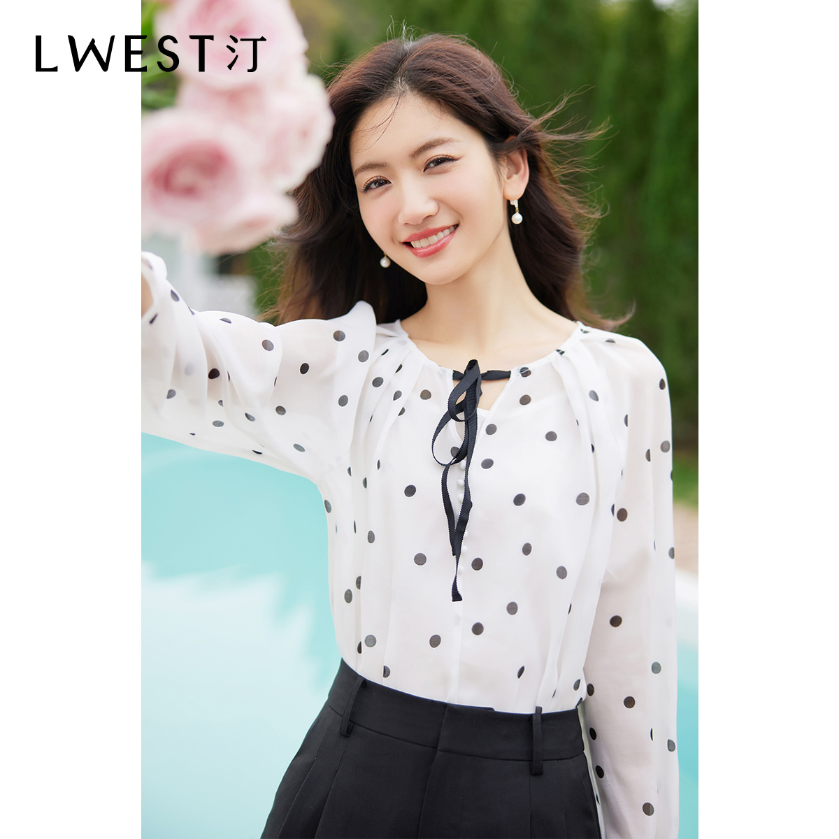 【小北姐专享】朗文斯汀韩版通勤飘带设计感波点雪纺衫LDMX32212006