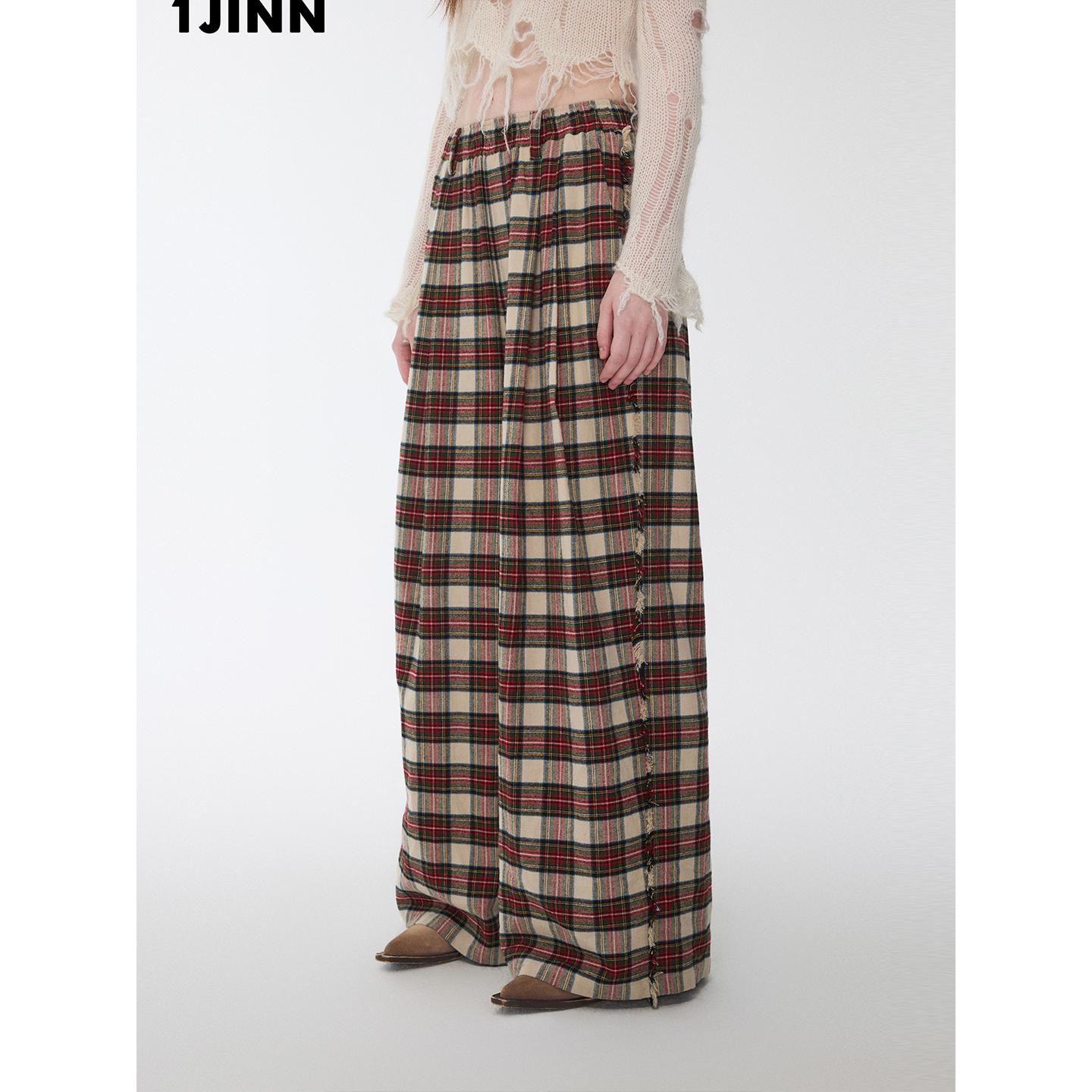 【25冬新VOL.2】1JINN STUDIO 复古红色格纹拉毛休闲阔腿长裤