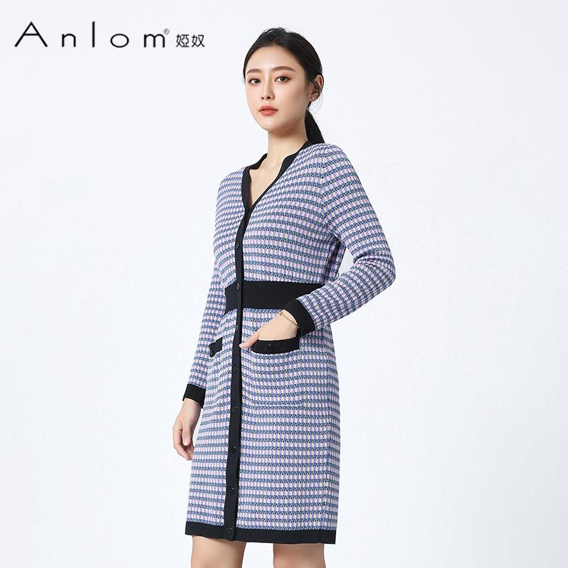 Anlom/娅奴针织连衣裙兰粉千鸟格长袖百搭时尚v领休闲通勤上衣