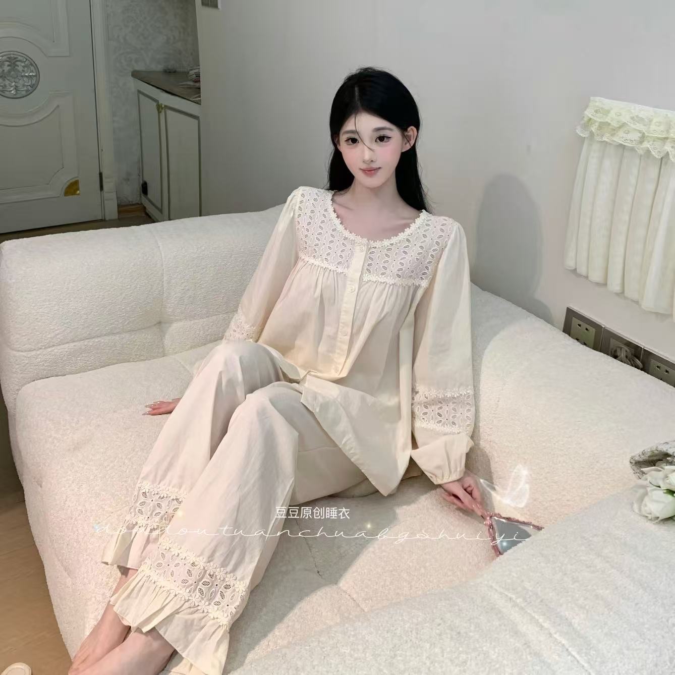 菠萝【秋日芙蕾】长袖长裤纯欲显瘦秋冬季女套装法式睡衣