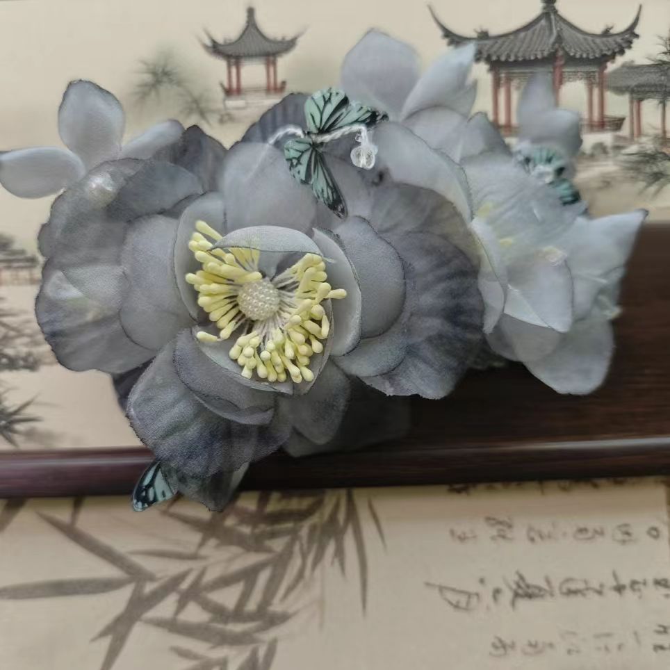 【云鬓花颜阁烫花发夹】蝶绕灰花爆款新中式汉服饰品古风发饰B278