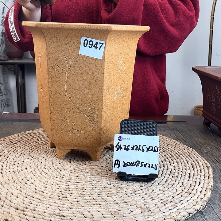 紫砂花盆柴烧刻绘大宫灯六方0947