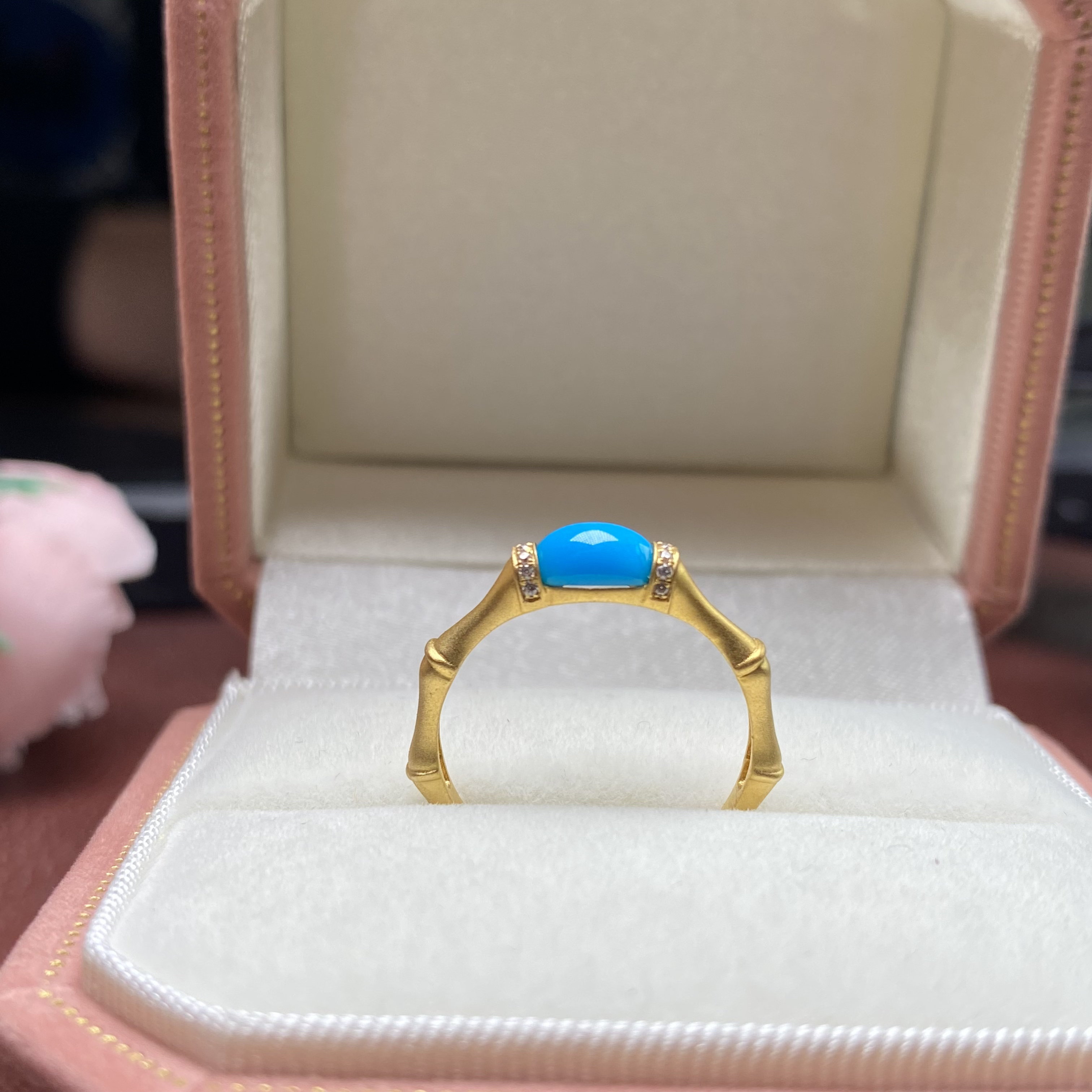 云盖寺暴丽蓝绿松石戒指14圈口18k金简约气质竹节款节节高升