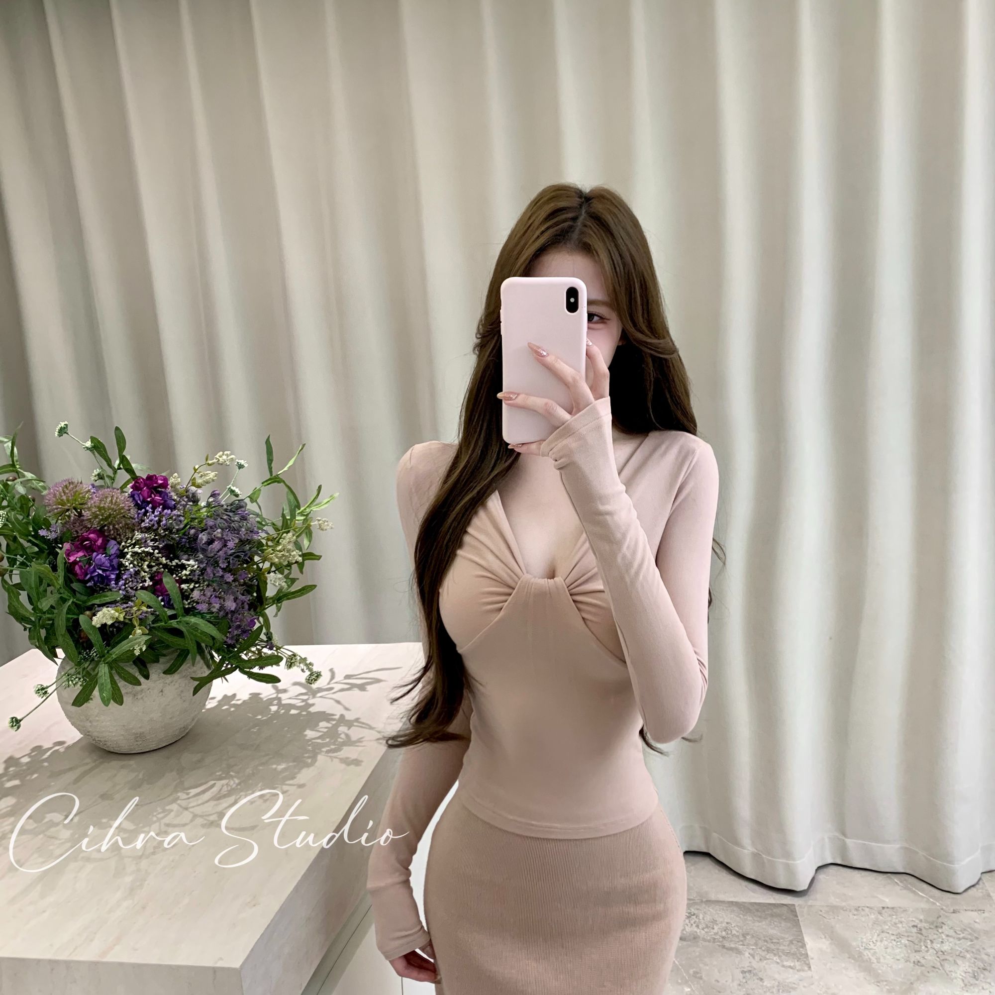 Cihra【温柔轻语】磨毛加绒修身韩版纯欲性感显瘦打底长袖上衣