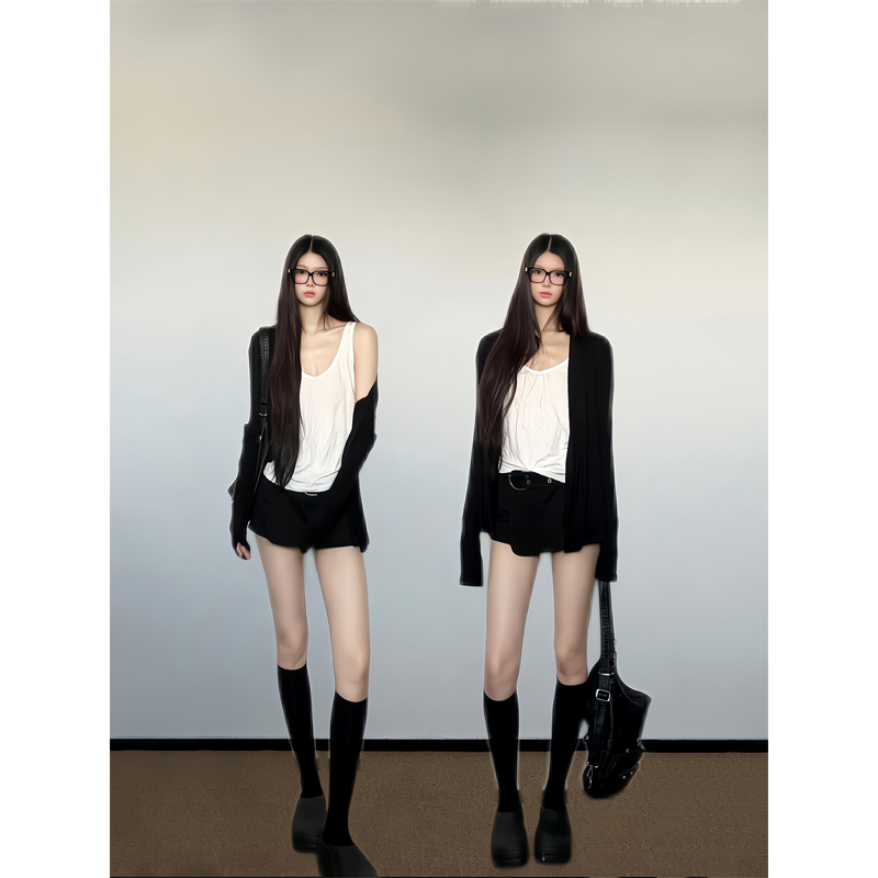 韩系辣妹U领挂脖吊带背心内搭无袖上衣针织开衫外套半身裙短裙女