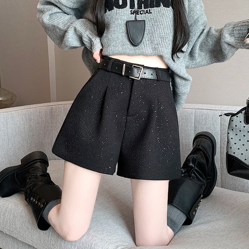 秋冬季高腰小香风黑色重工亮片毛呢短裤a字阔腿裤靴裤子女配腰带