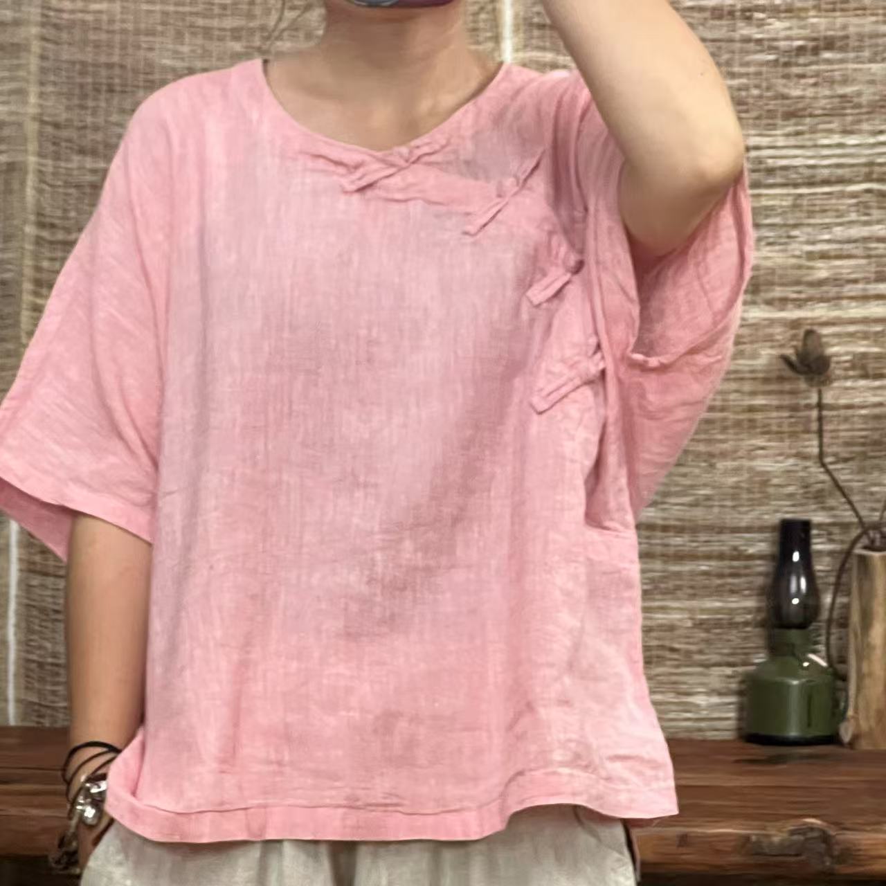 XX 666雨露亚麻斜襟盘口套头圆领短衬衫（衣长60 胸围135）