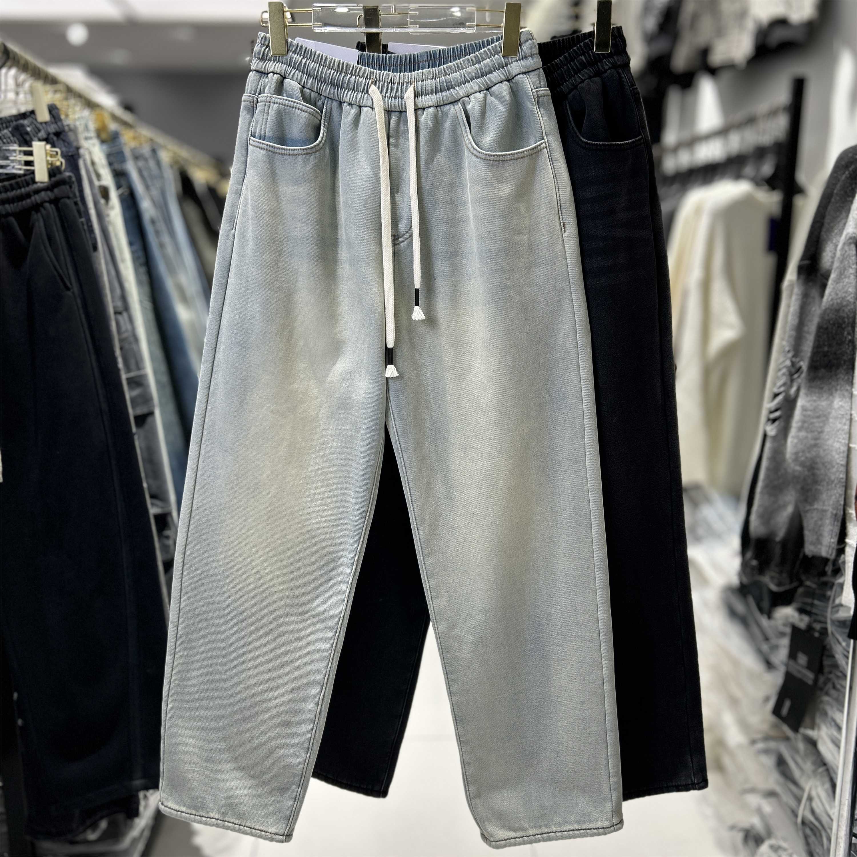 杉禾加绒牛仔裤男士2025新款冬季潮宽松直筒松紧腰休闲长裤1078