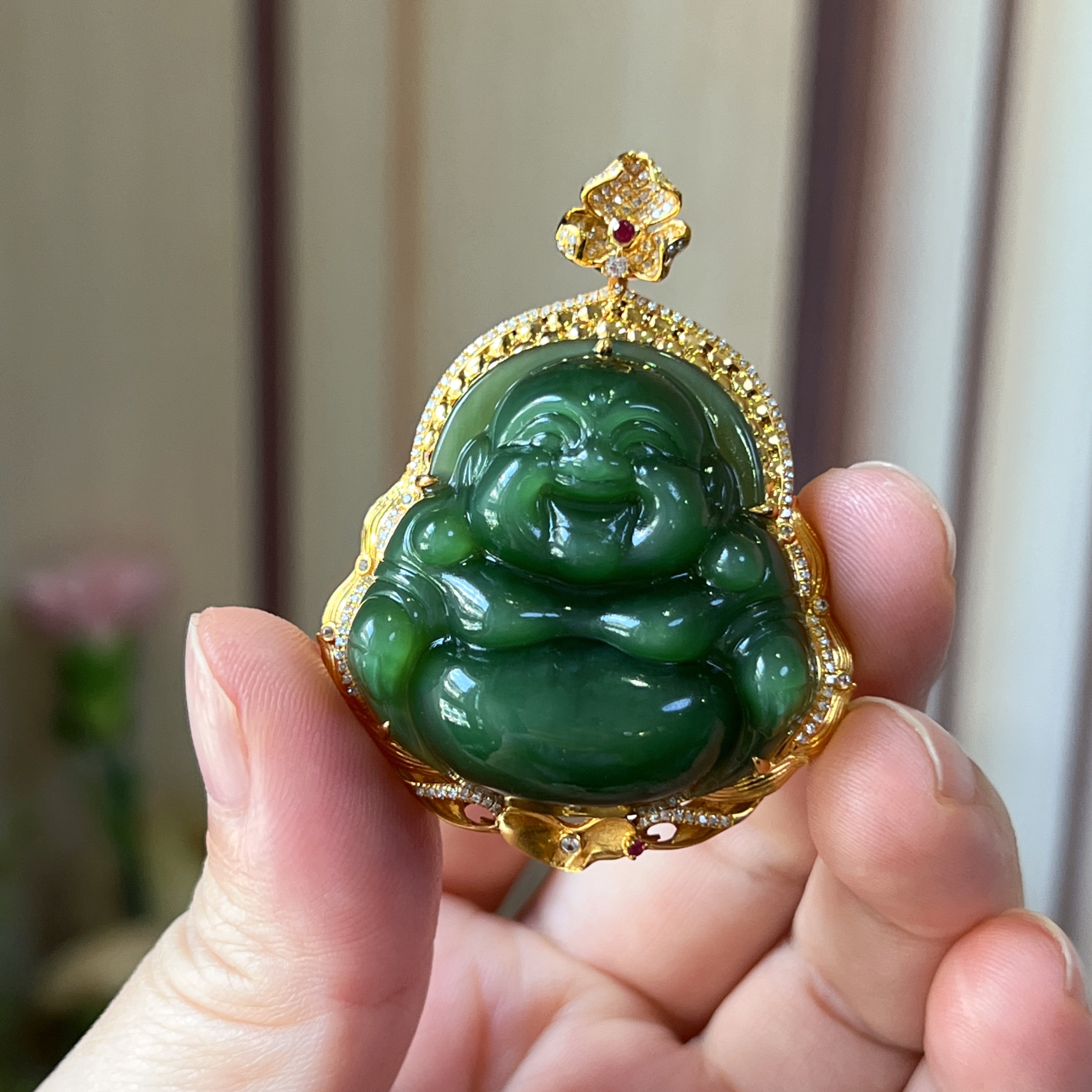 【玉缘汇】精品传承18k金镶嵌和田玉碧玉冰绿猫眼佛公 精致大气