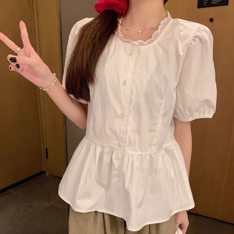 2025夏季新款小清新短袖白衬衫女夏设计感小众复古甜美泡泡袖上衣