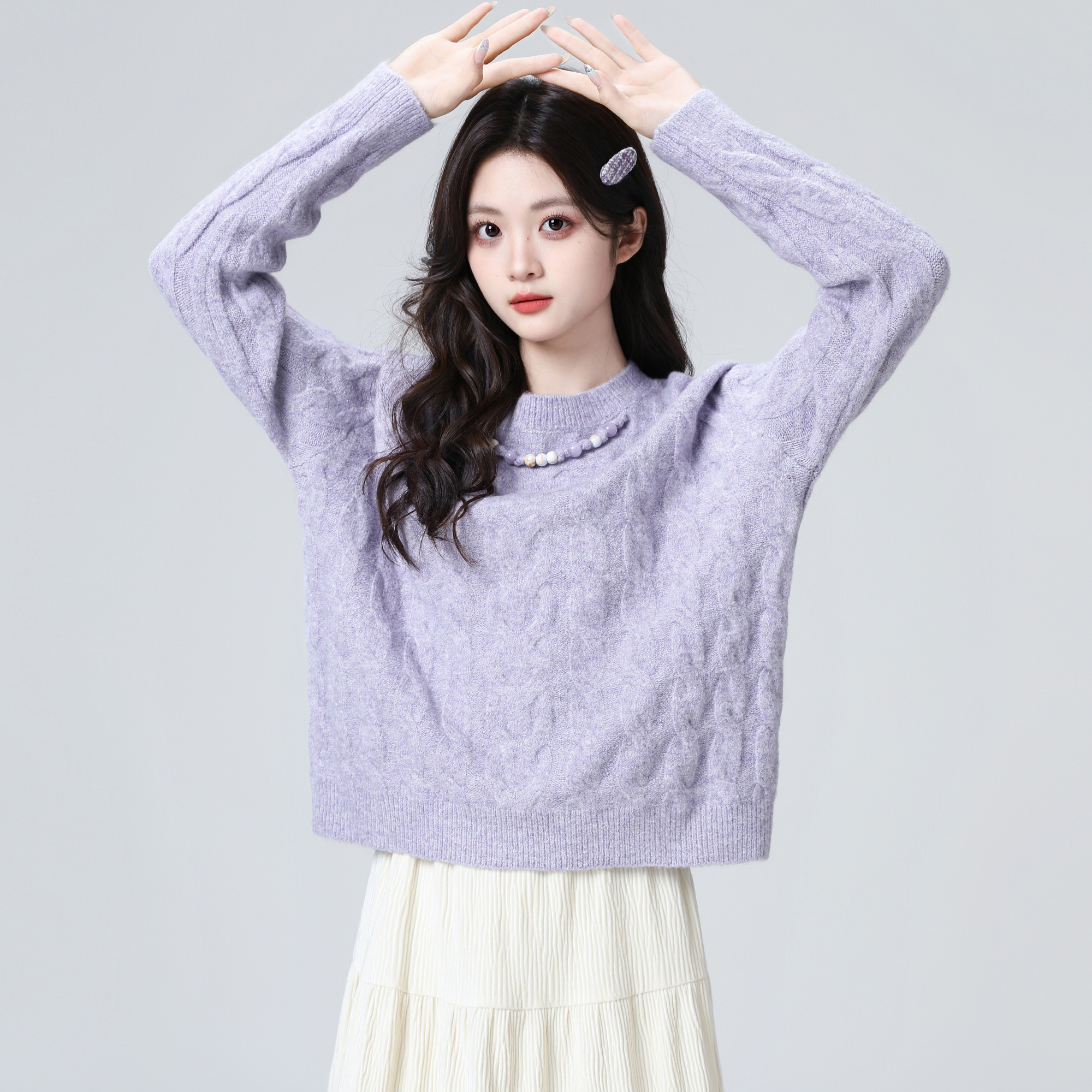 紫色圆领毛衣女秋冬2025冬新款宽松套头加厚内搭打底针织衫短上衣
