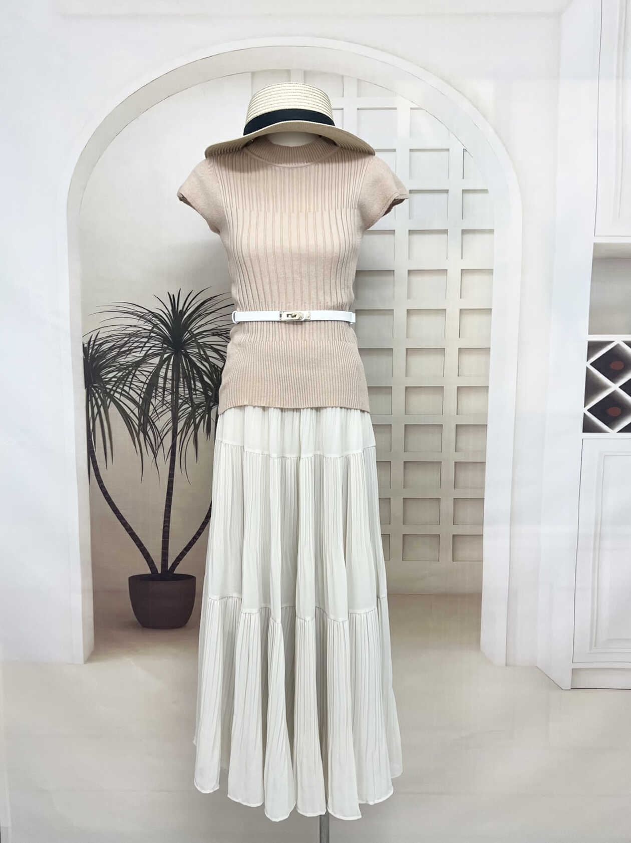 气质简约坎肩短袖针织上衣女+高腰皱褶半身裙套装(配腰带) 