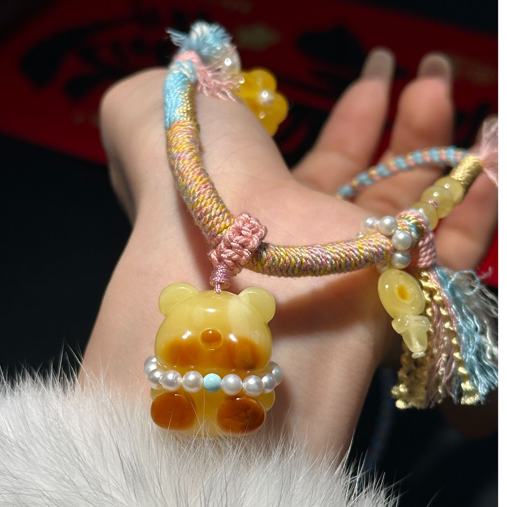 （款式参考）蜜蜡小熊项链手编绳设计围脖（可设计相似主石）——100