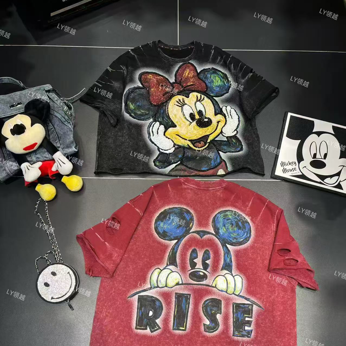 【5602】秋冬新款重工亮片米奇短款韩版宽松显瘦百搭时尚洋气半袖