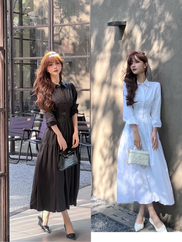显瘦收腰连衣裙翻领设计气质长袖衬衫裙女装