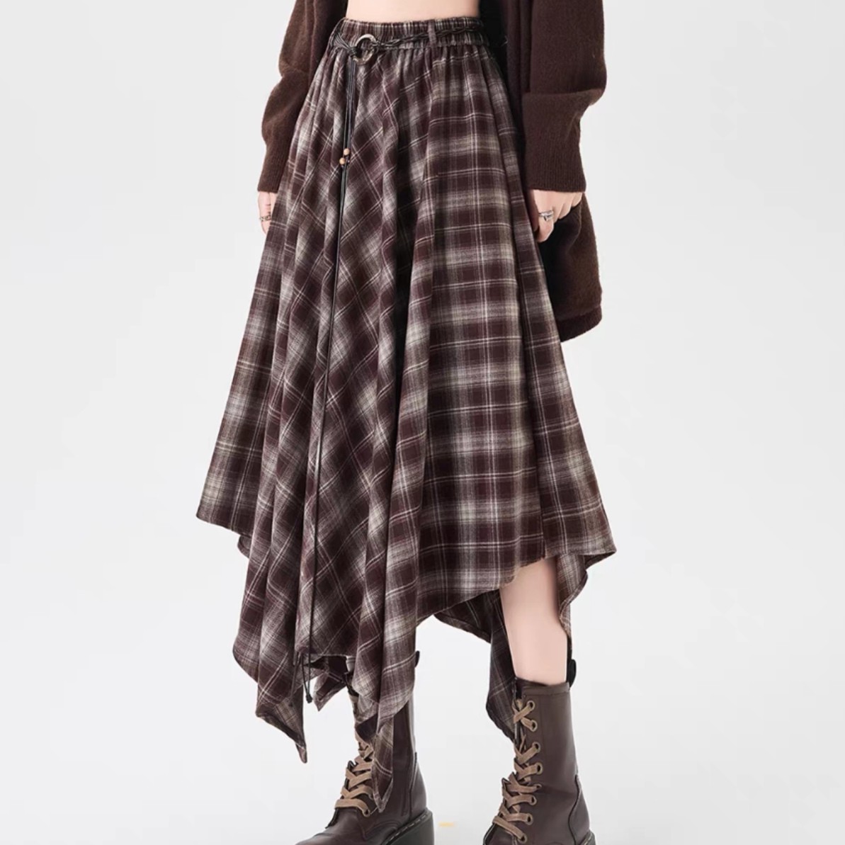 新款大码A355复古格纹不规则半身裙高腰显瘦格子设计长裙