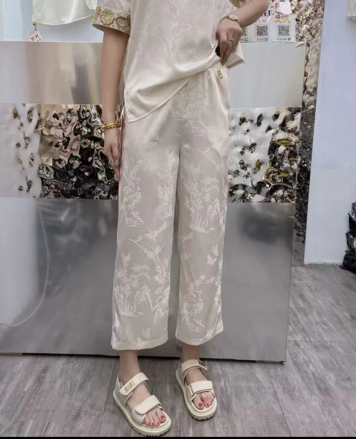 国风新中式女夏松紧腰宽松洋气垂感冰感抖抖裤九分凉凉裤