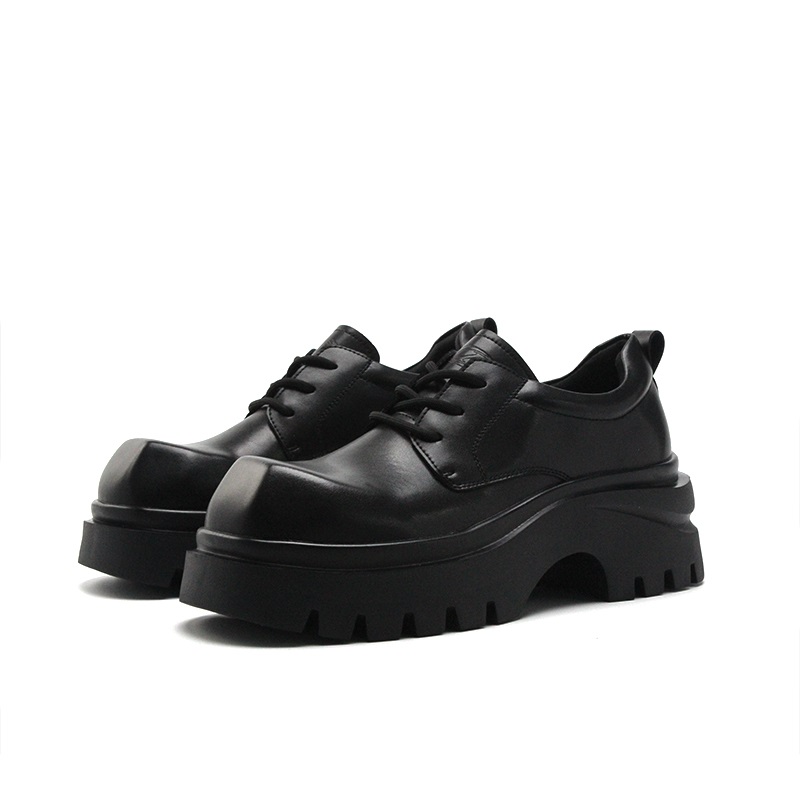 新款英伦风7公分增高男士皮靴时尚系带德比鞋方头休闲皮鞋黑色