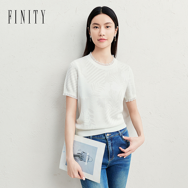 FINITY 雪纺衫夏新款简约花边领设计百搭减龄短袖 F21Y3C23S2