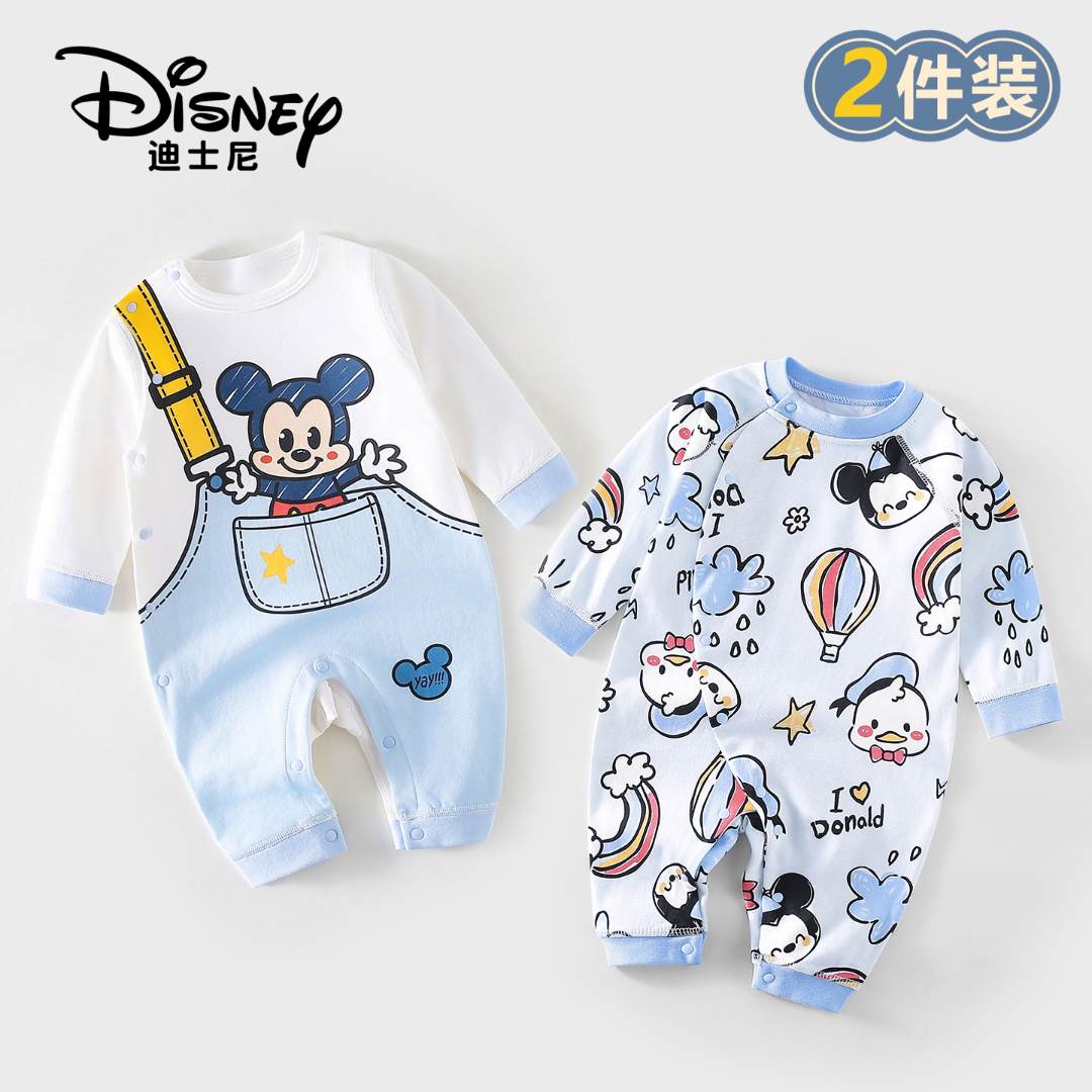 Disney/迪士尼新生儿秋装纯棉连体衣婴儿打底长袖休闲爬爬服2件装