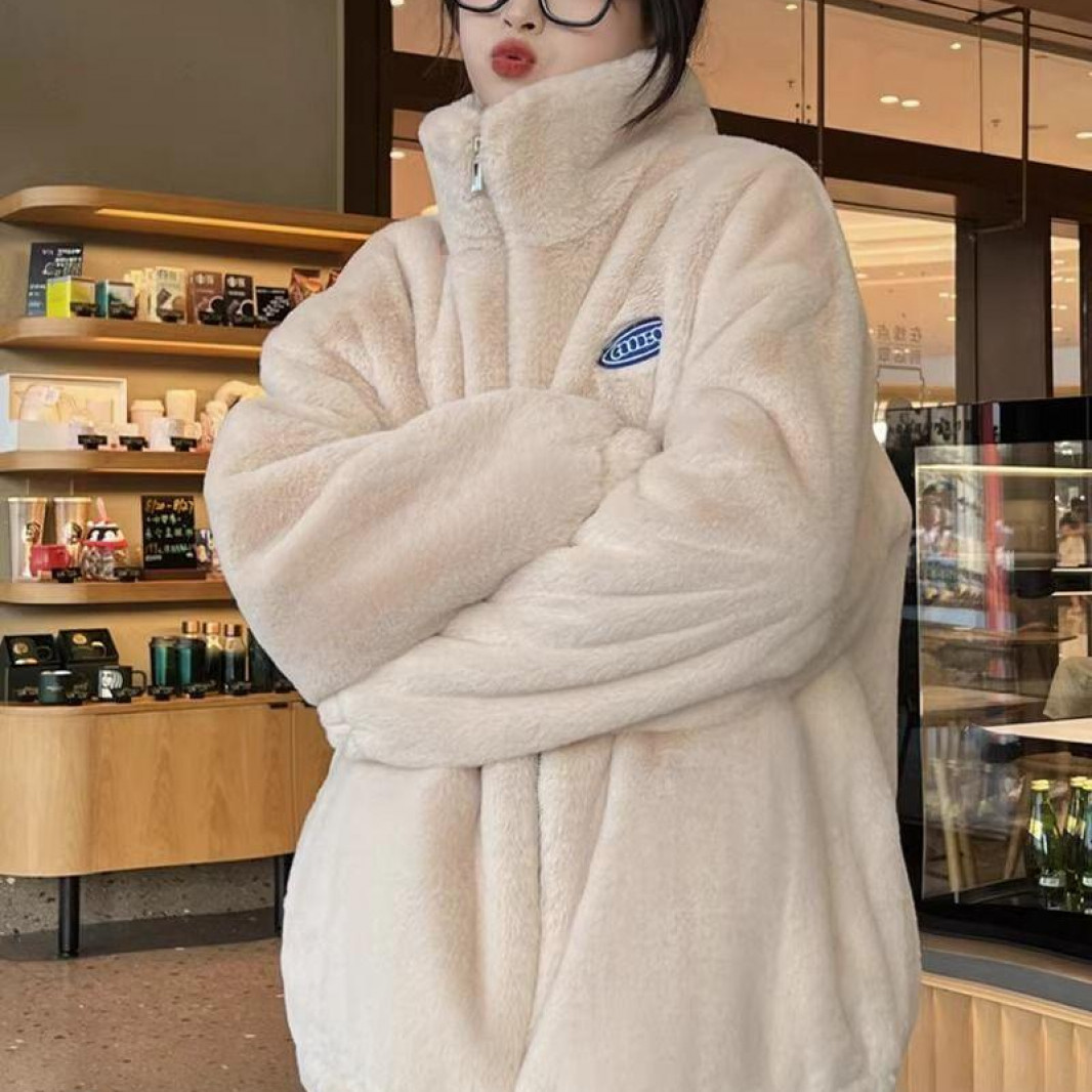 立领 韩版新款加厚毛毛外套毛绒绒外套保暖棉服女秋冬宽松上衣