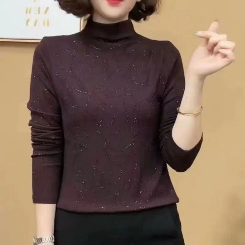妈妈装半高领洋气烫钻打底衫时尚女装秋季T恤减龄百搭女上长袖顺