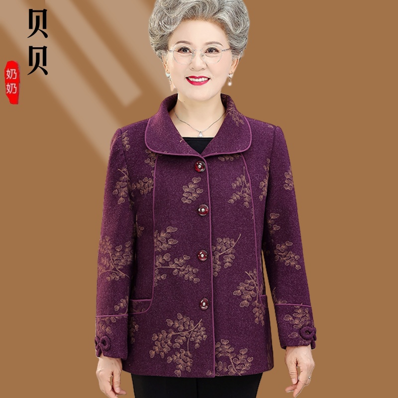 奶奶春装呢子外套60岁70老年人妈妈春秋宽松毛呢上衣老太太衣服女
