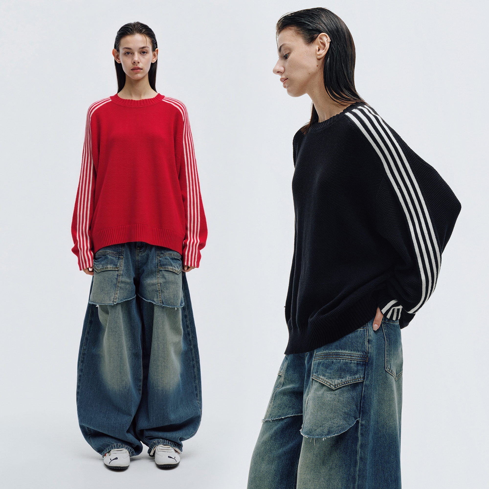 HAHAHA“线律”撞色条纹针织毛织圆领套头宽松毛衣1602