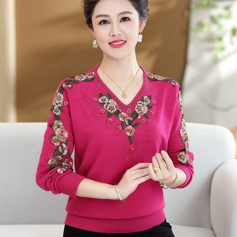 P0-新款精品宽松时尚烫钻中老年针织衫