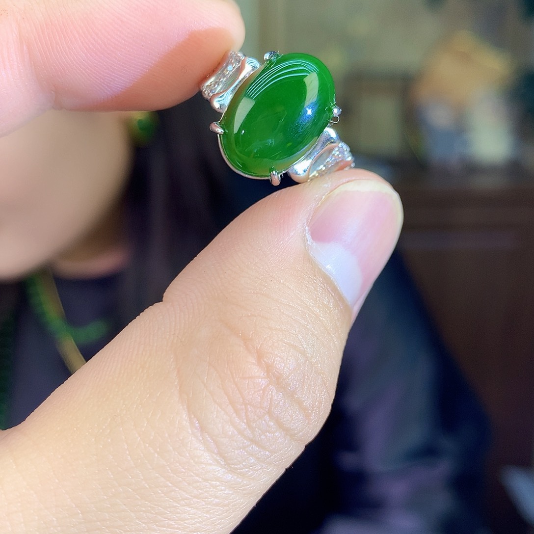 吊坠(不含链)银S925镶嵌和田玉（碧玉）戒指