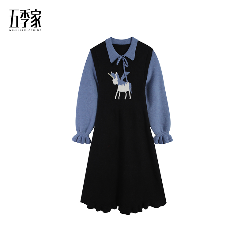 黑拼蓝假两件连衣裙秋冬ZL115253