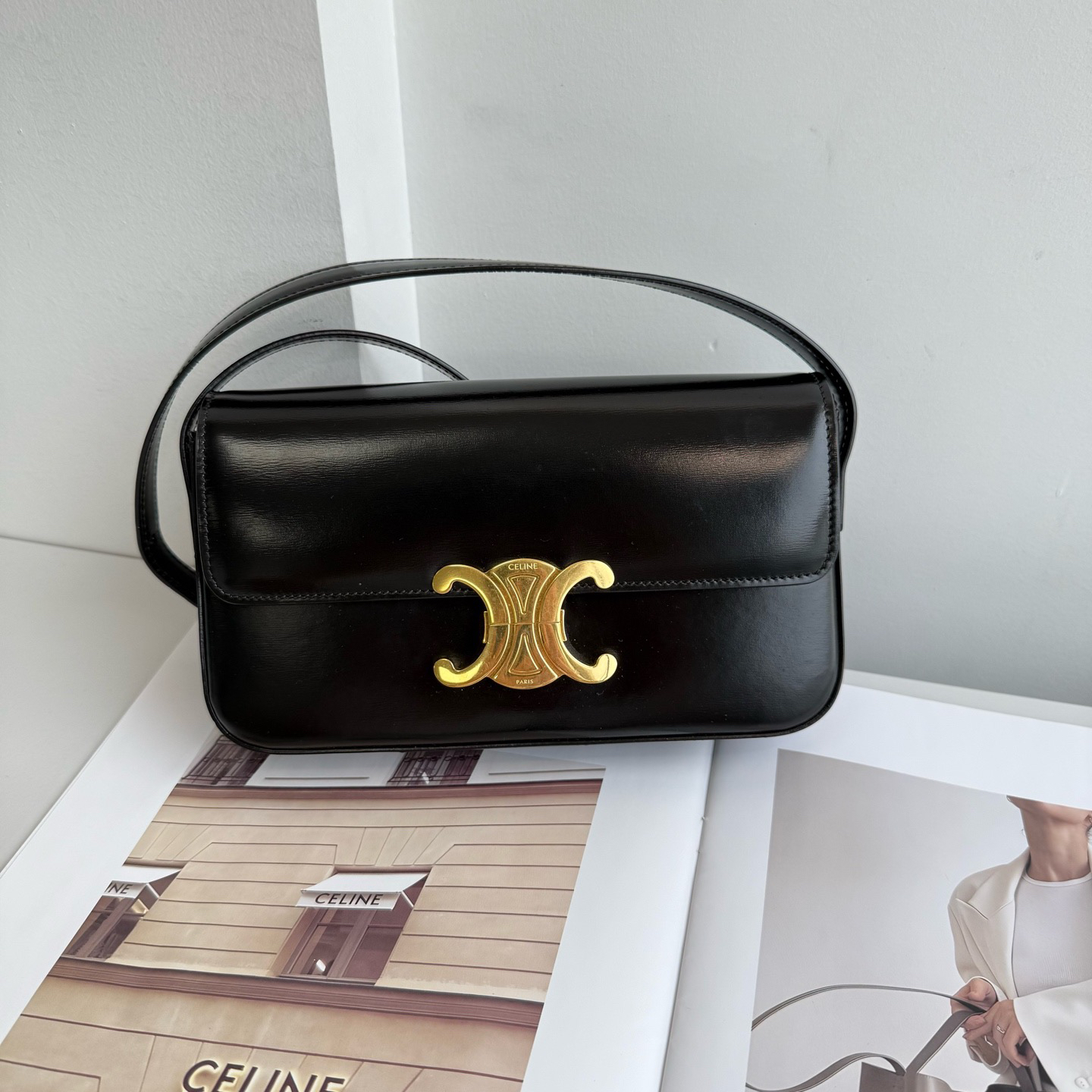 99新 Celine/思琳 瑟琳思琳黑金单肩包teen 凯旋门黑金单肩包