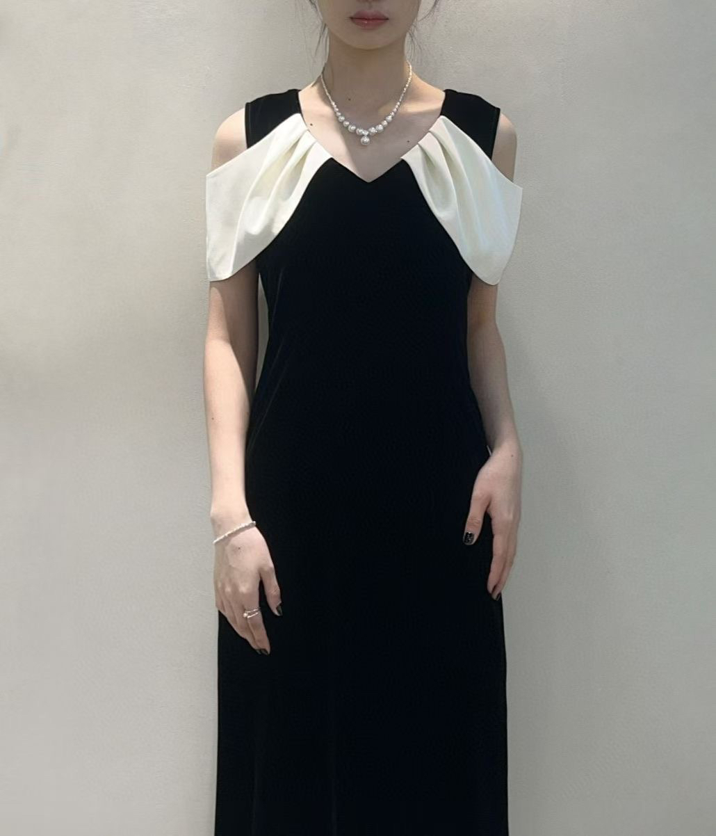 法式赫本风收腰露肩拼接显瘦夏季优雅气质连衣裙2938