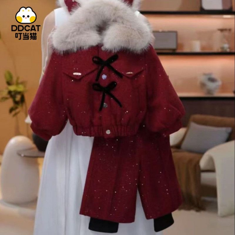 单排扣纯色女套装蝴蝶结冬季碎花红色女童洋气冬装