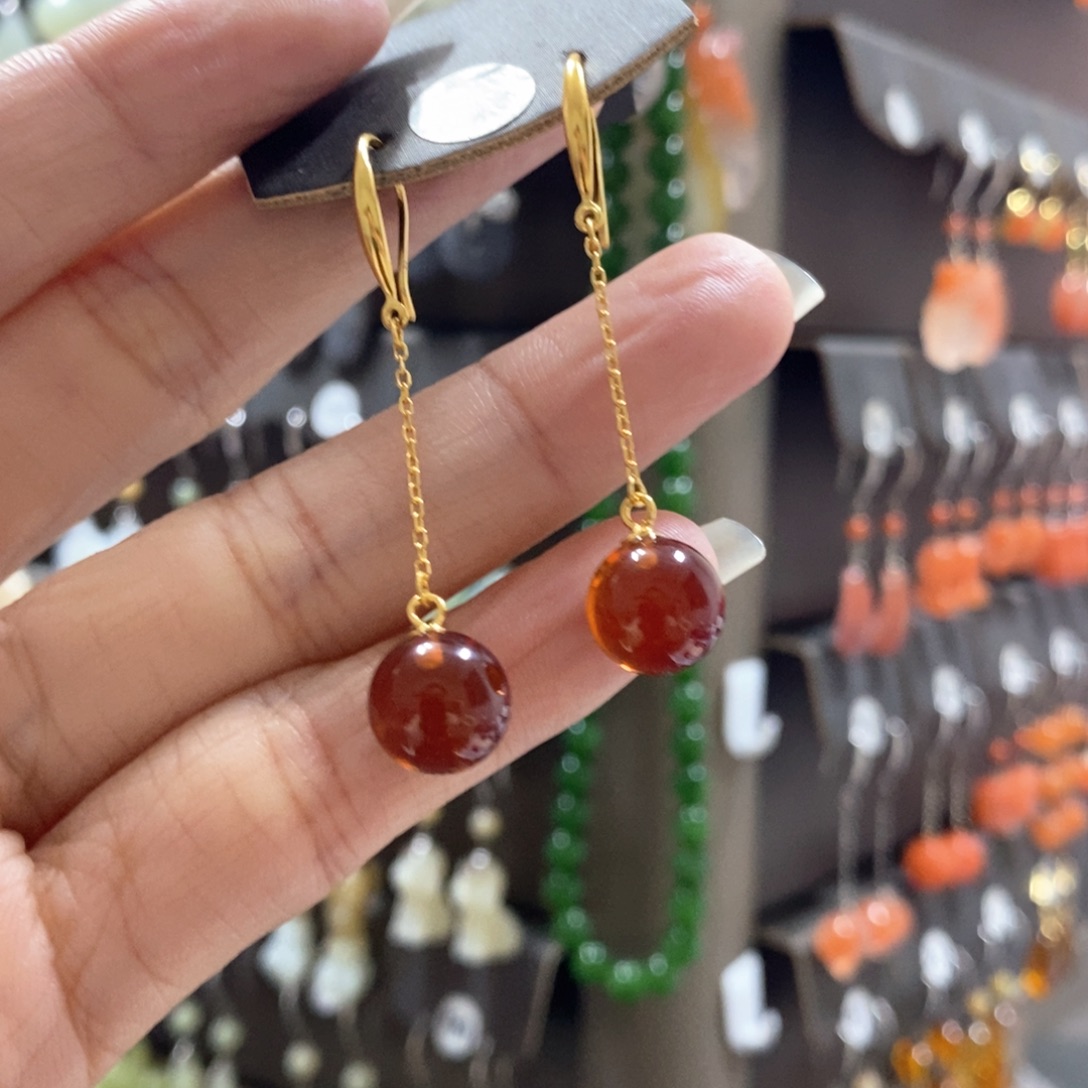 琥珀银S925镀金镶嵌耳饰