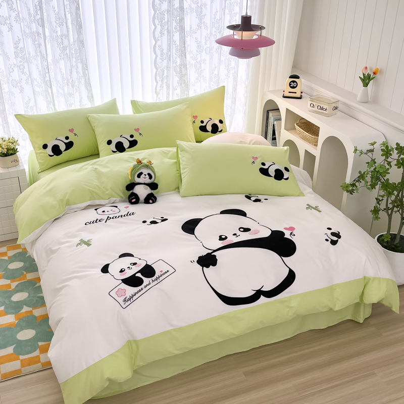 美玲 熊猫贴布绣全棉水洗棉刺绣 三件套四件套 针织可爱亲子