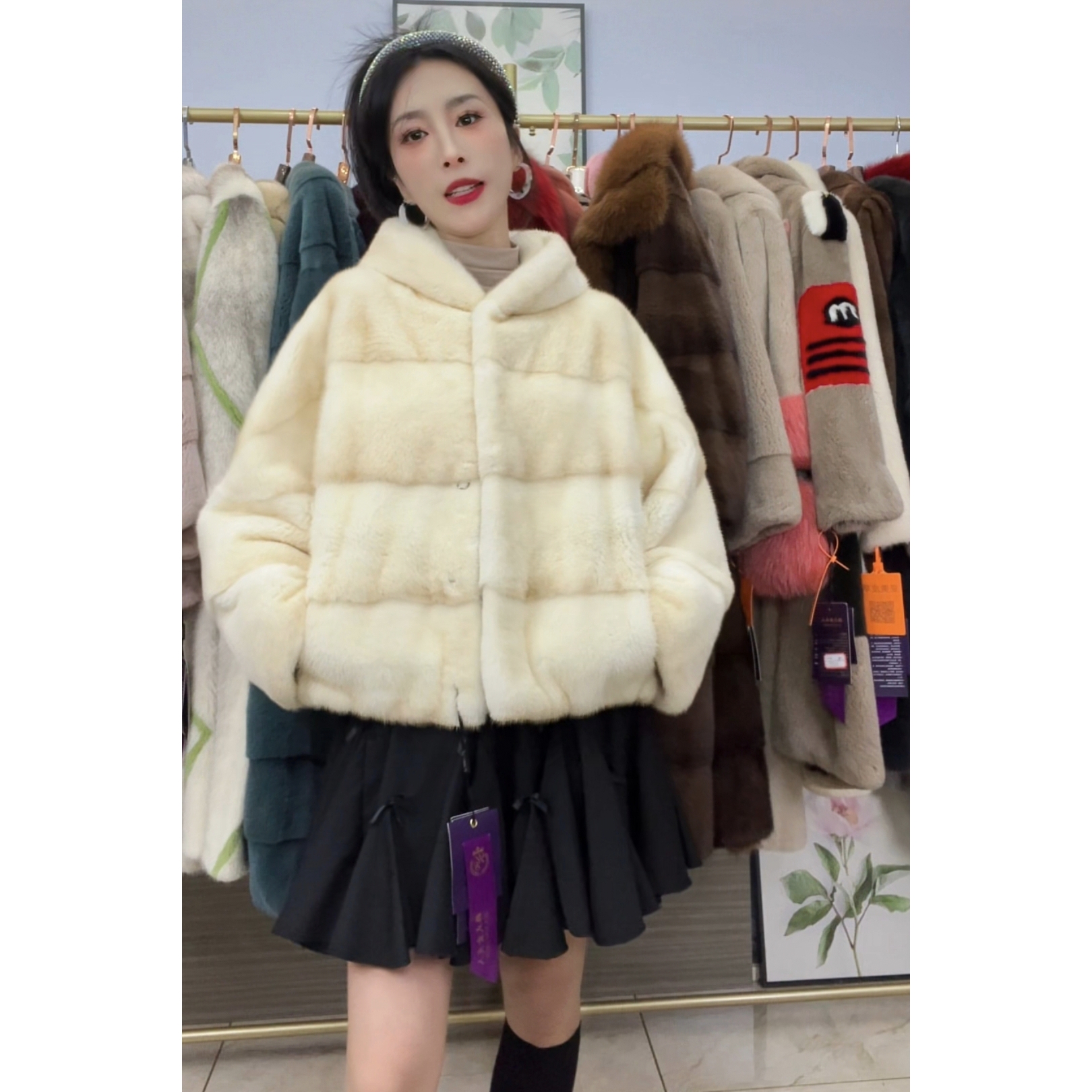 金十字宽松版型横排款整貂进口天鹅绒貂皮大衣