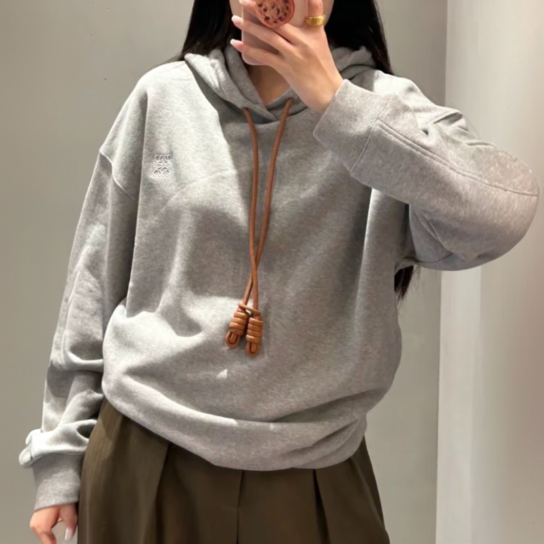 99新 LOEWE/罗意威 CW0293 灰色刺绣棉质连帽抽绳长袖卫衣 S码