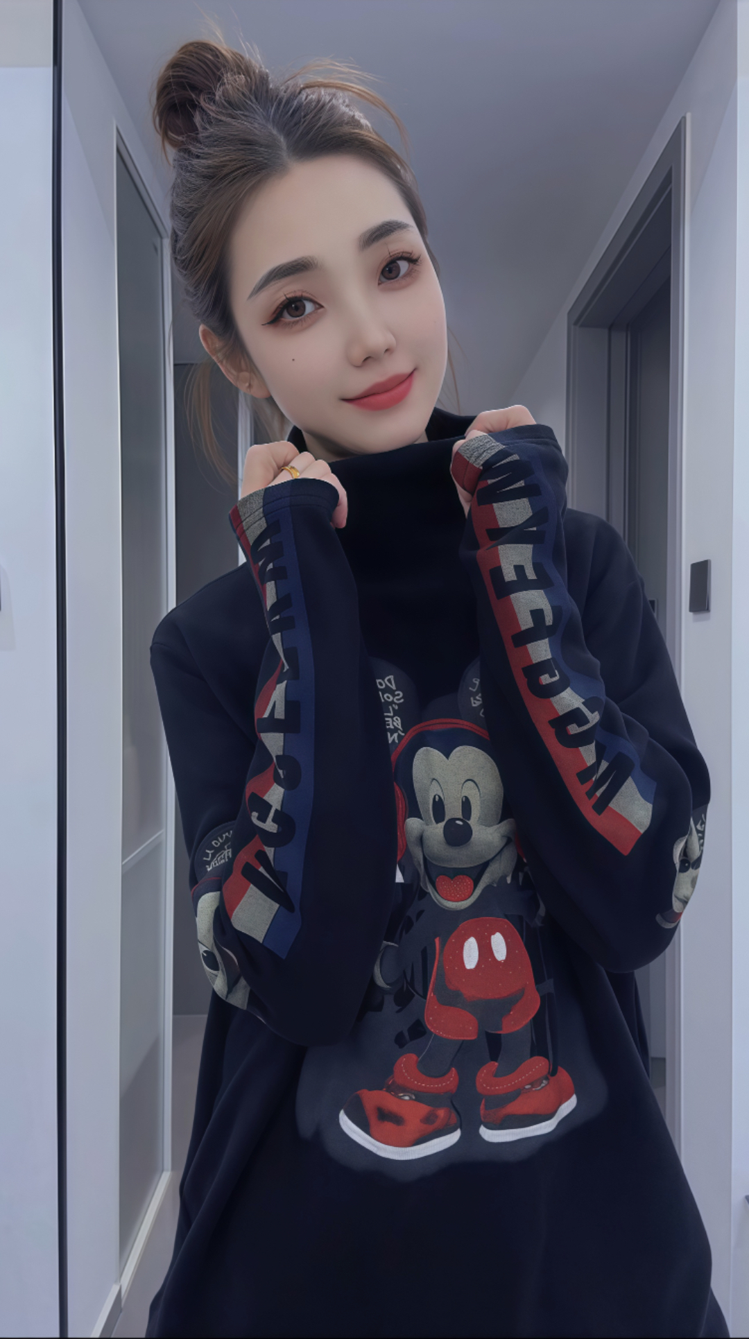 冬季新品双面德绒高弹保暖高领打底衫宽松休闲米奇百搭刺绣钉珠潮