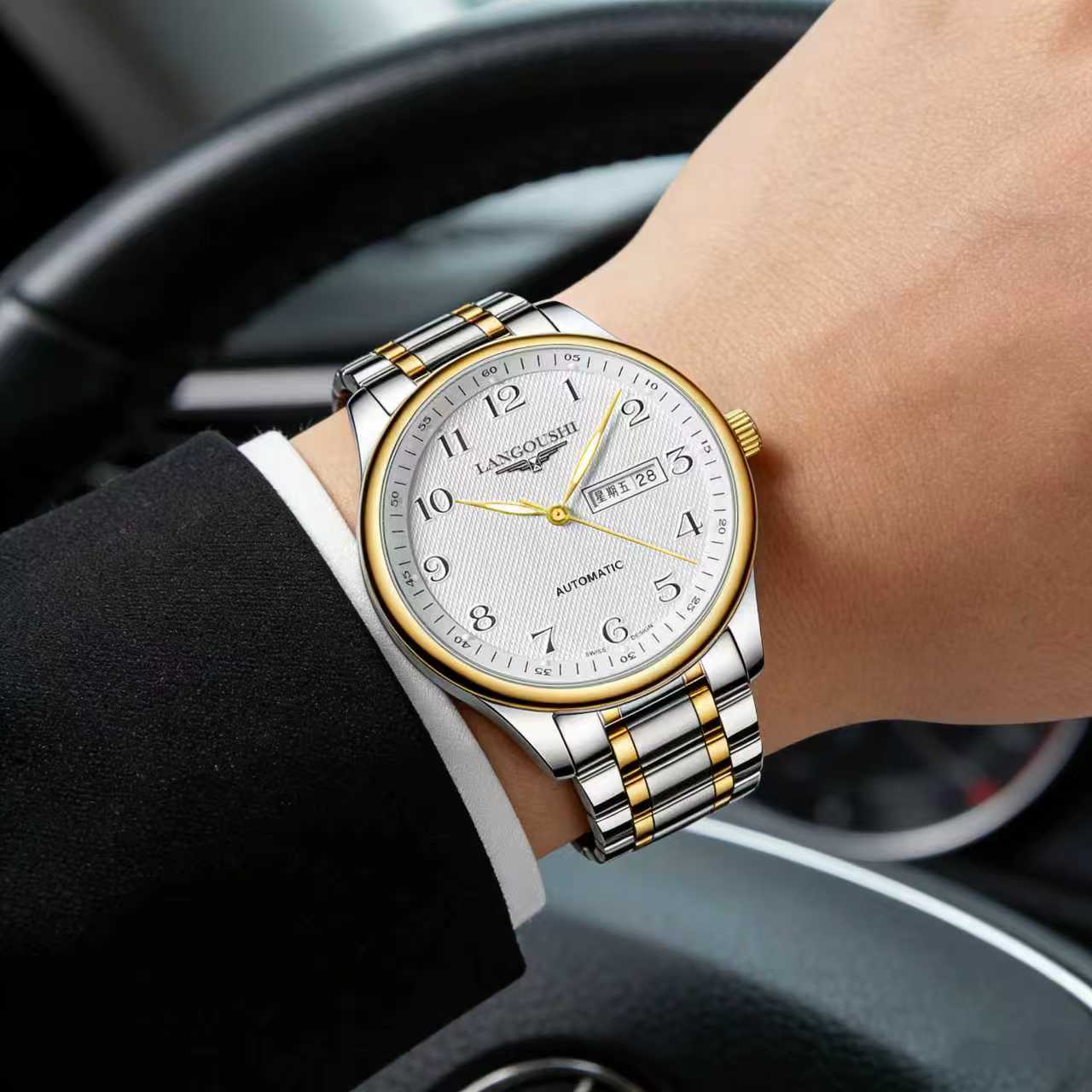 【专柜正品】顶奢间金款精钢自动镂空高端夜光防水双日历男士手表p