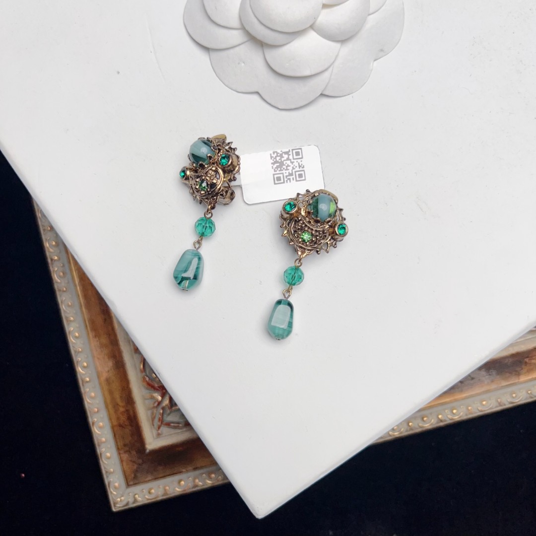 合金耳饰 柚礼中古/绿色雕花耳夹lz402104
