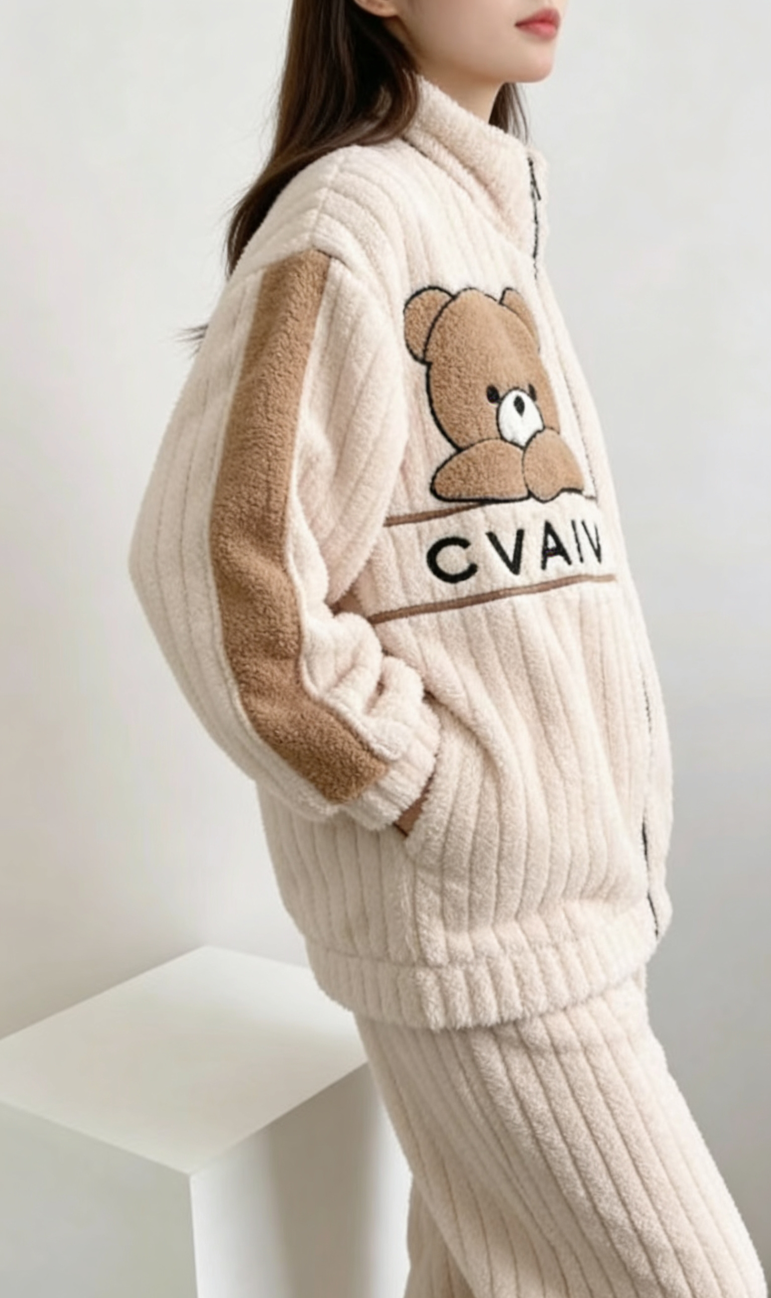 睡衣秋冬季开衫甜美加厚保暖珊瑚绒家居服米白色咖色小熊