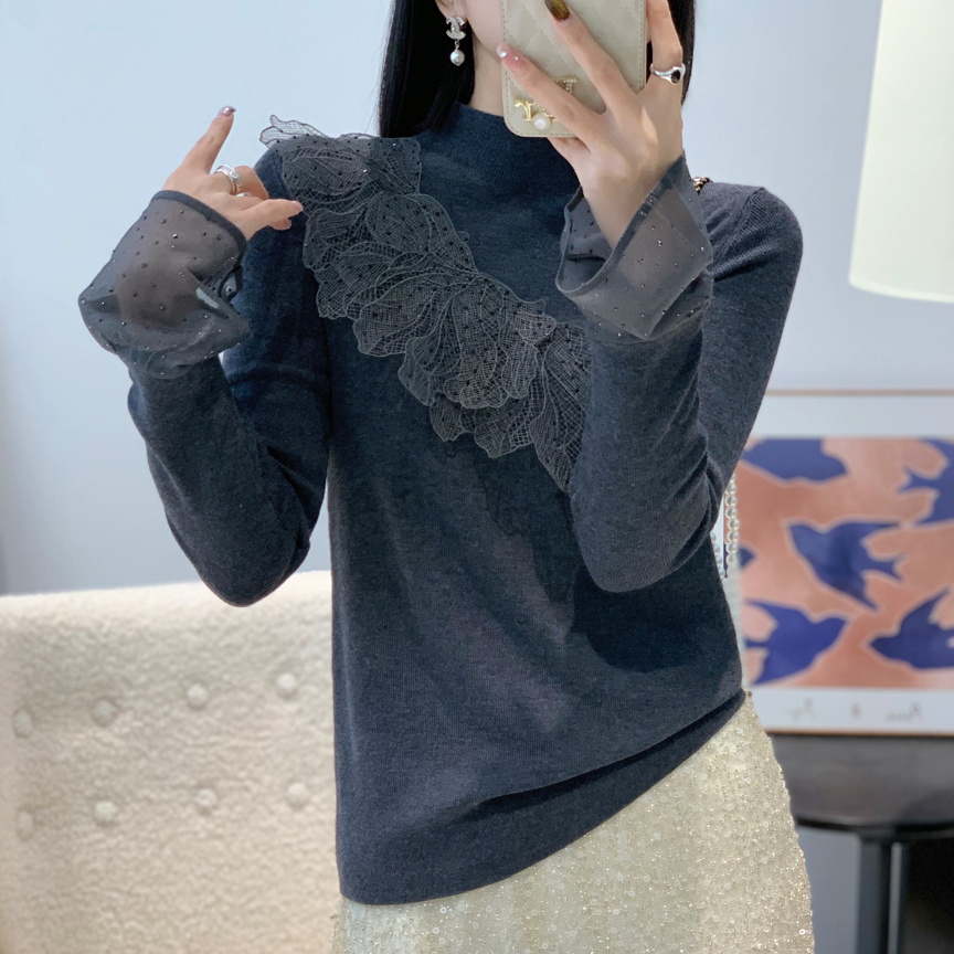 兰兰家毛针织衫女针织上衣修身带花通勤风烫钻衫