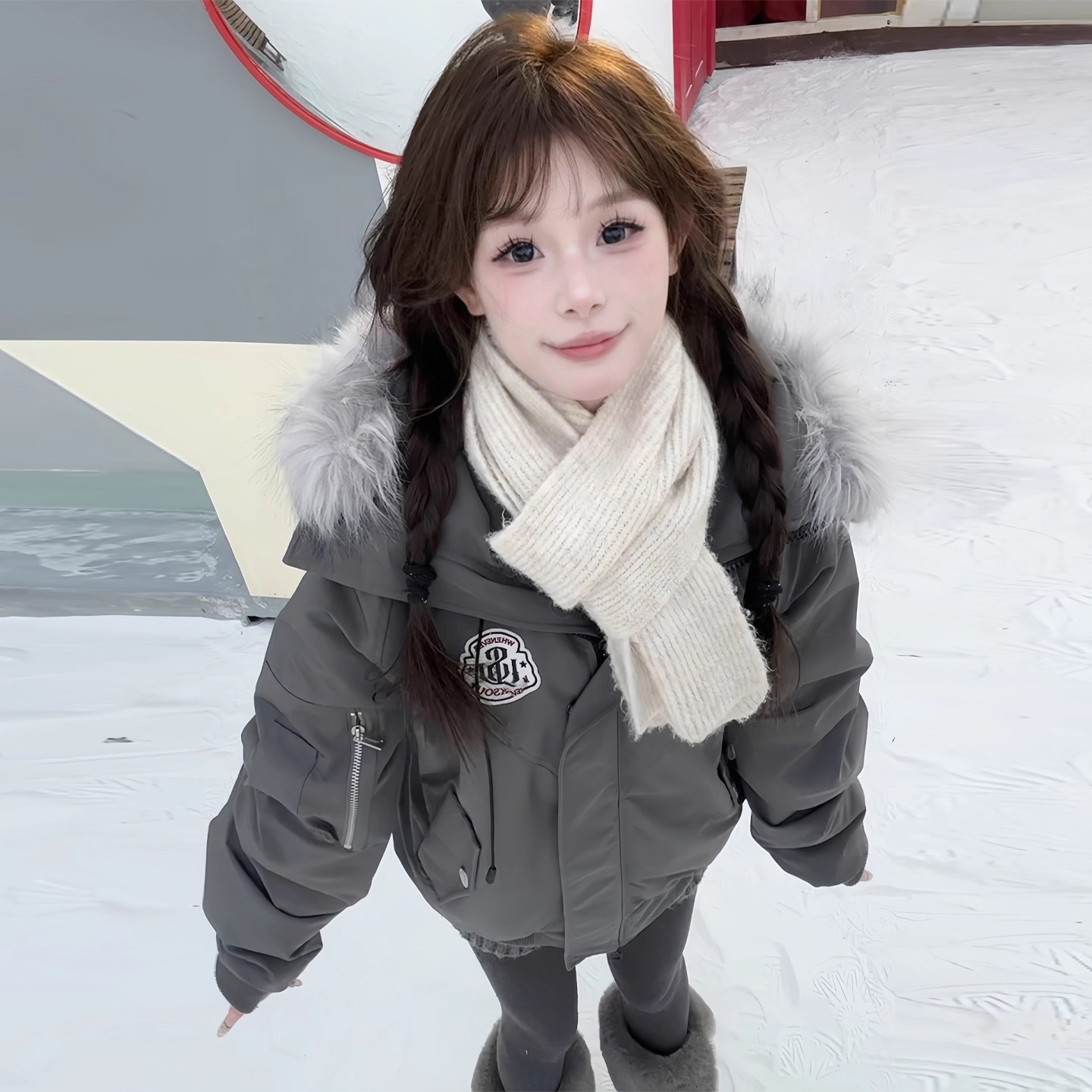 派克服棉服女小个子2025冬季新款加厚工装棉衣大毛领宽松棉袄外套