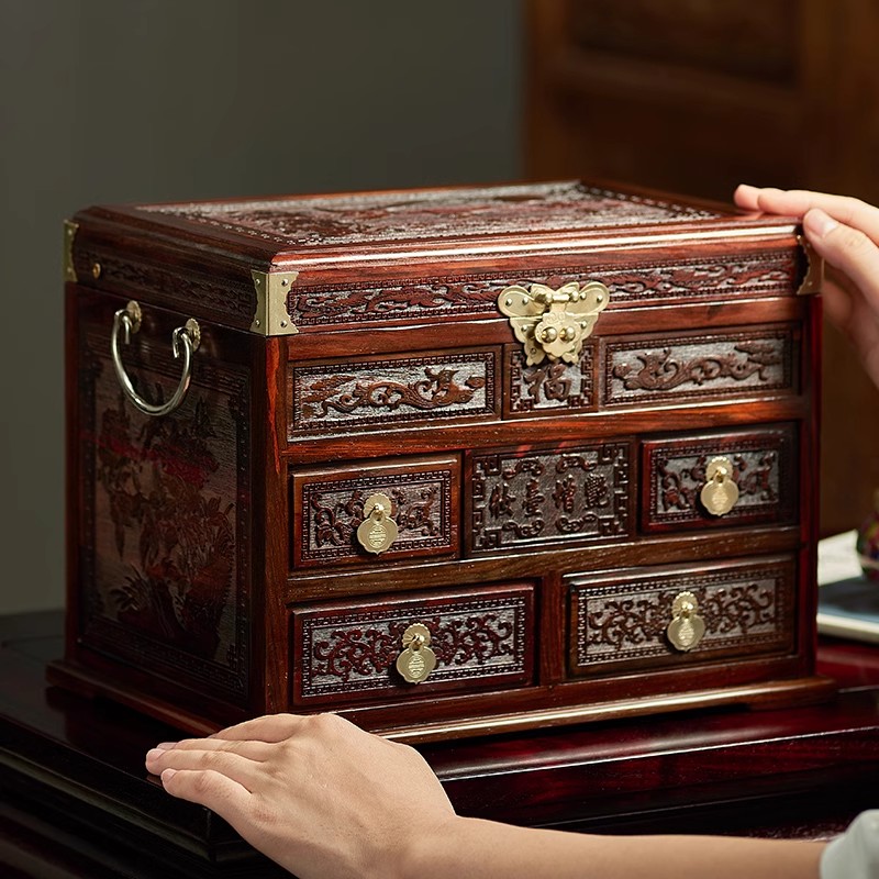 国标红木大红酸枝首饰盒收纳盒实木结婚陪嫁梳妆盒带锁饰品珠宝盒