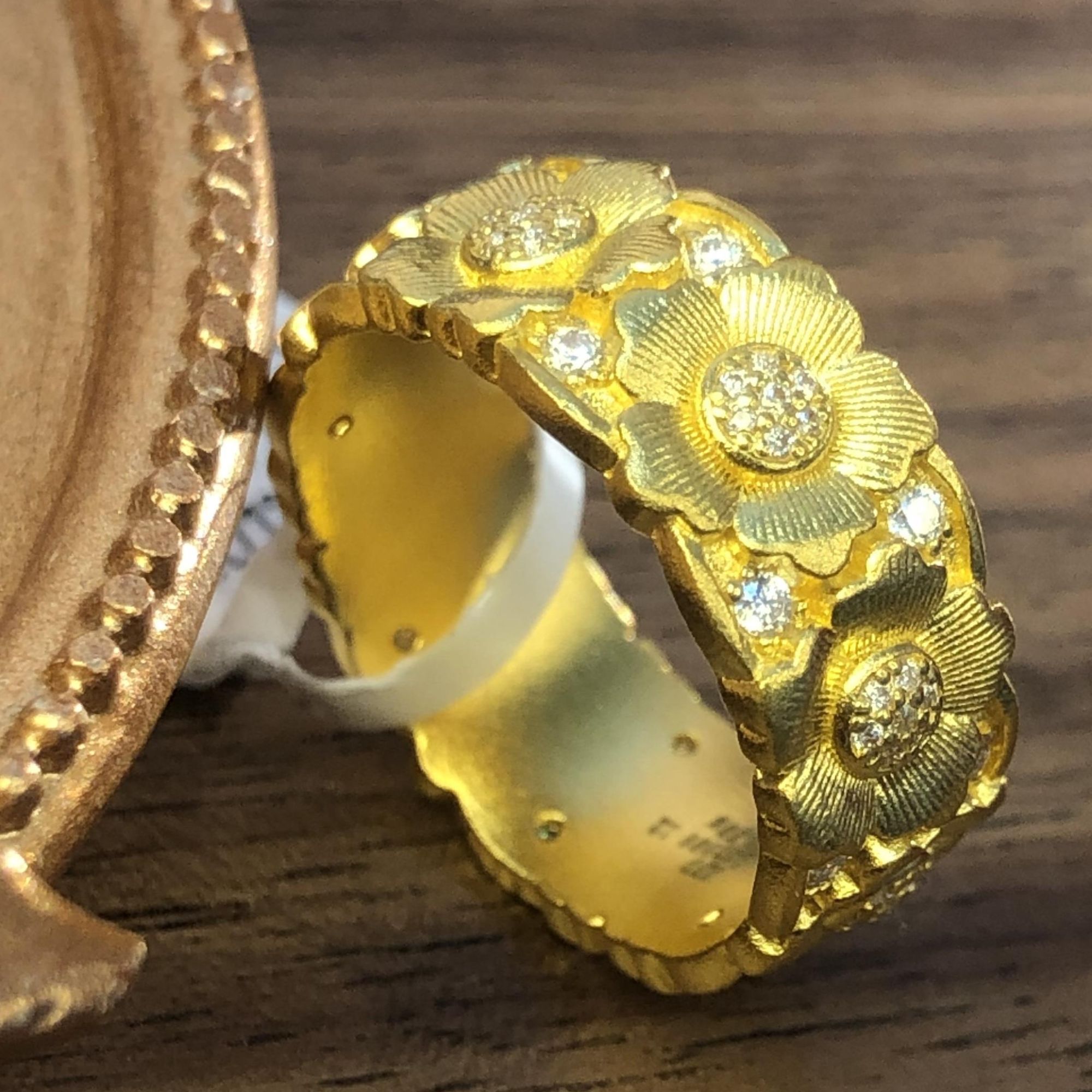 黄金足金999古法复古宫廷风栀子花开拉丝戒指