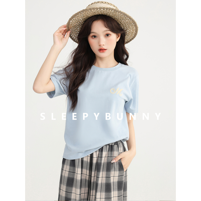 X瞌睡兔【清苍】撞色刺绣字母落肩圆领纯棉T恤短袖女夏季上衣231676