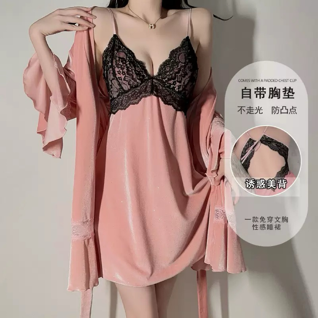 {映月}蕾丝约会睡裙可调节蕾丝丝绒拼接大码露背显瘦性感女士