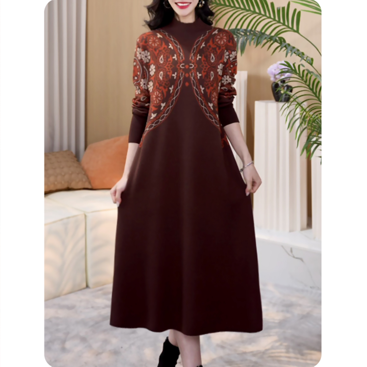 |花/蔻|女士宽松连衣裙中长款毛衣裙气质休闲女装4ZL01251080