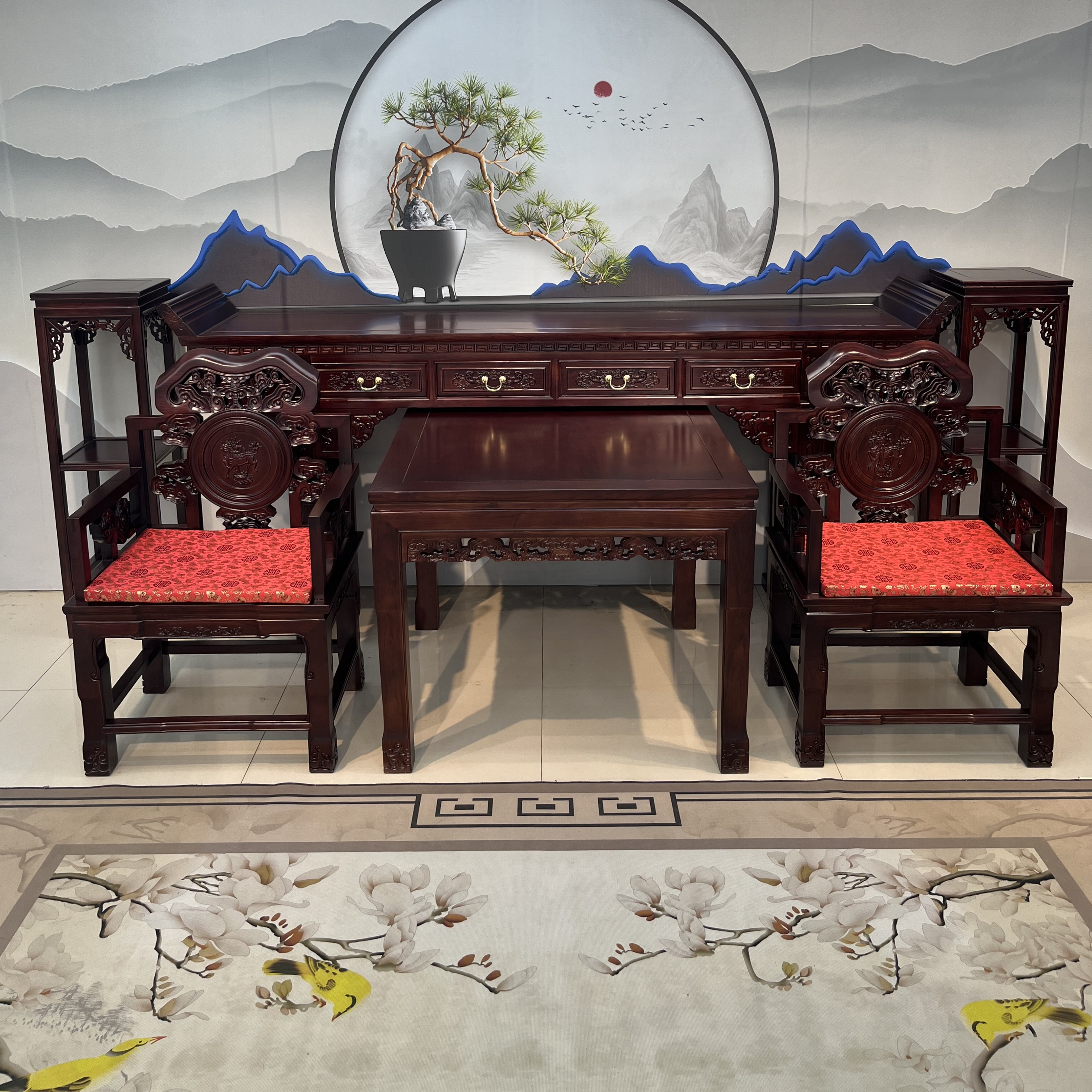 【麒麟】新中式储物带抽老榆木实木翘头中堂条案客厅桌六件套家具